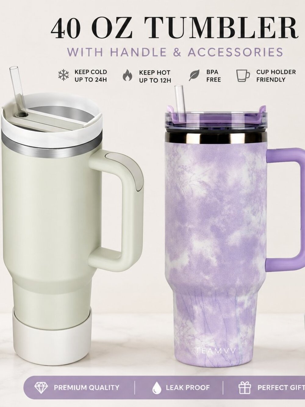 2-Pack 40oz Stainless Steel Insulated Tumblers with Handle & Straw Lid – $25
